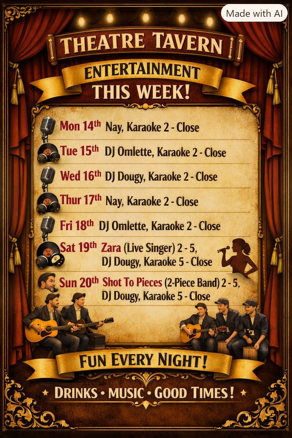 Theatre Tavern entertainment this week schedule